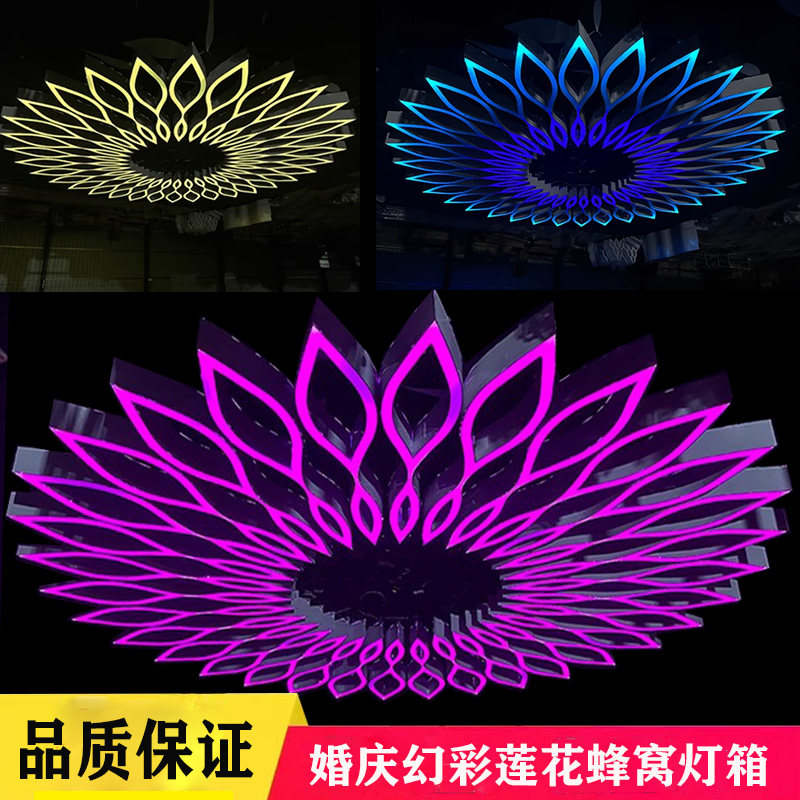 新款婚庆道具大型放射莲花发光吸顶灯箱婚礼堂宴会厅顶部铁艺装饰