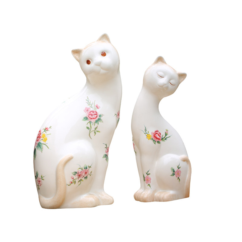 玫瑰小镇 特色手工彩绘情侣陶瓷对猫 实用家居庭院花园装饰摆件