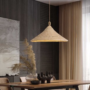侘寂风餐厅吊灯日式复古民宿茶室禅意草编草帽卧室床头书房小吊灯
