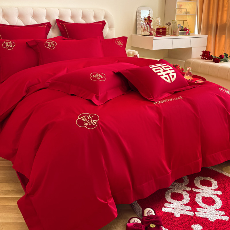 简约100支结婚四件套大红色新中式陪嫁全棉纯棉床单婚庆床上用品4