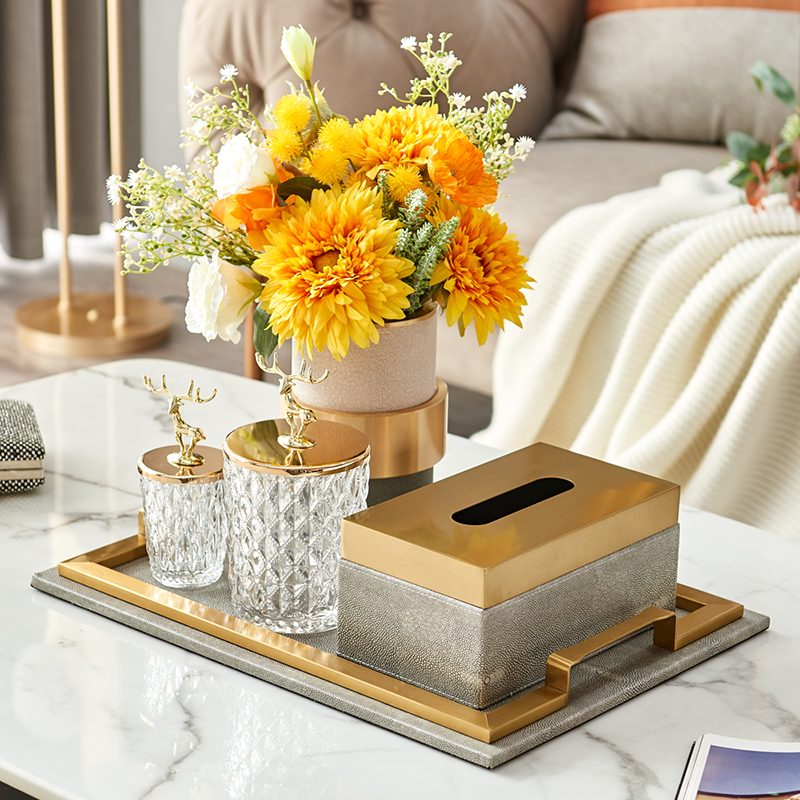 灰色金属皮质纸巾盒花瓶客厅茶几托盘套装北欧轻奢样板间软装搭配