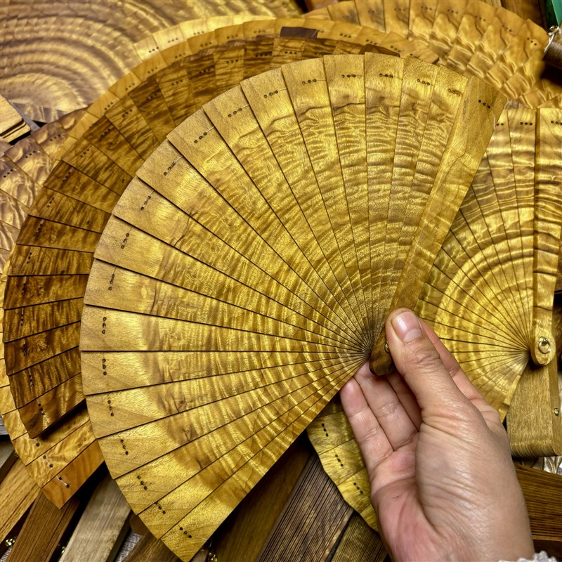 金丝楠木扇子满水波纹古风走秀香木扇中国风折扇小尺寸15 16厘米