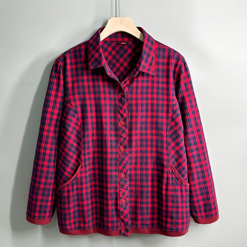 妈妈衬衫秋装全棉衣服中年人格子上衣中老年女春秋纯棉衬衣薄外套