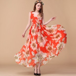 沙滩裙女夏海边度假雪纺碎花连衣裙气质无袖大摆波西米亚长裙大码