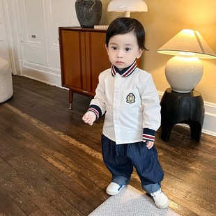 男新潮 男童衬衫 长袖 Polo领衬衣学院风童装 宝宝白衬衣白色上衣秋装