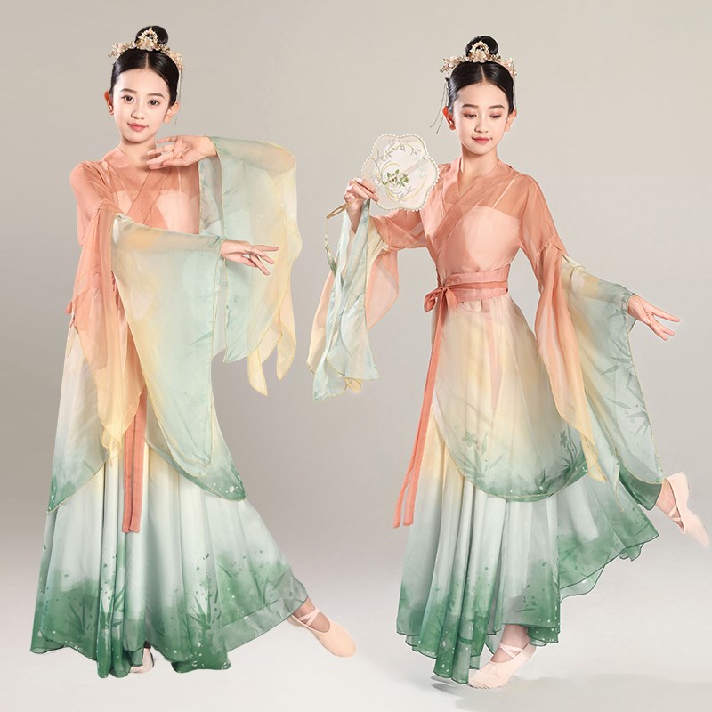 新儿童古典舞舞蹈服纱衣大摆裙飘逸仙气舞蹈服女身韵渐变色演出服