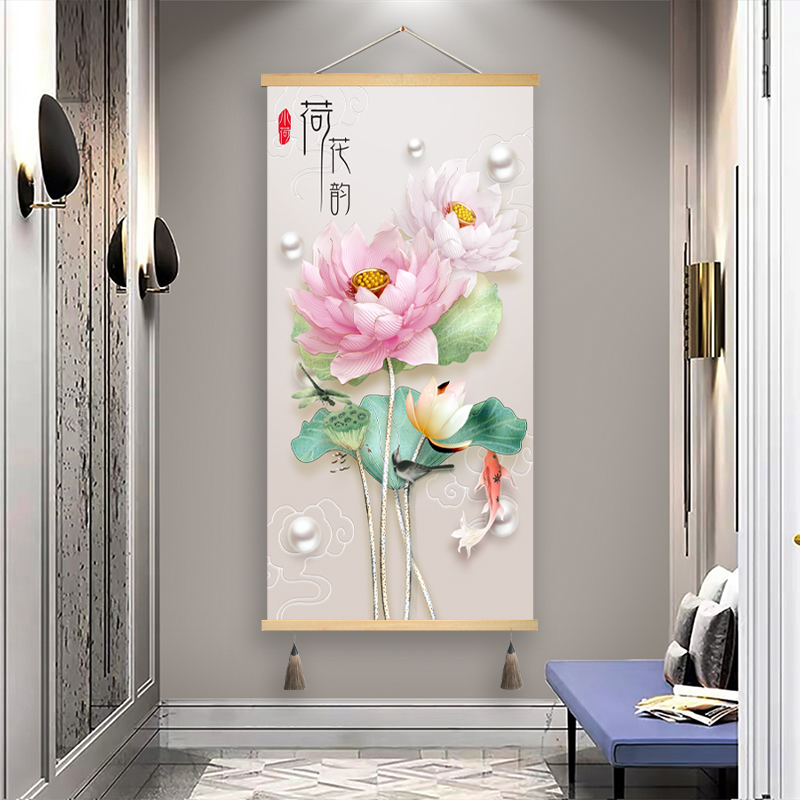 新中式挂画定制卷轴画装饰画荷花图玄关卧室餐厅墙壁画布艺画墙画图片