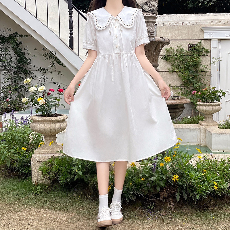 胖大童宽松连衣裙夏季女孩甜美学院风加大码初中生可爱娃娃领裙子