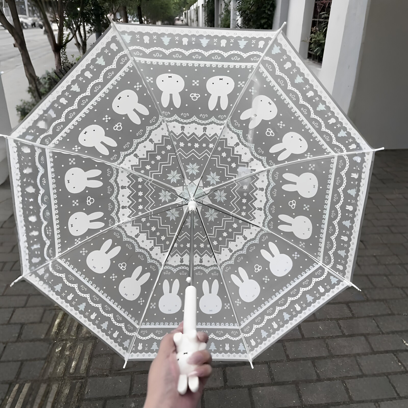 米菲兔长柄雨伞卡通印花磨砂透明雨伞可爱ins风费尔岛poe环保雨伞