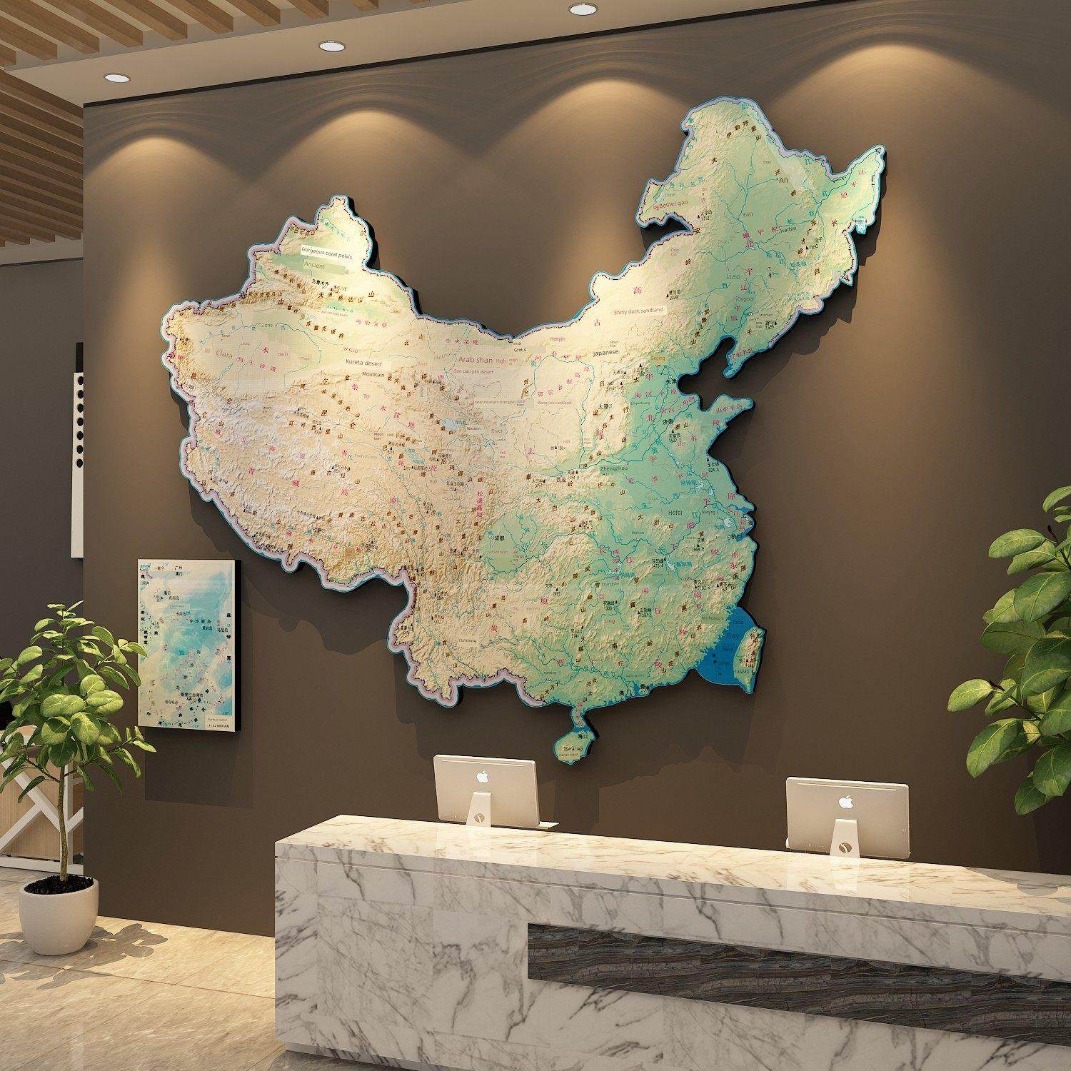 办公室前台氛围布局高端中国凹凸地图背景3D立体墙面装饰绘画挂件