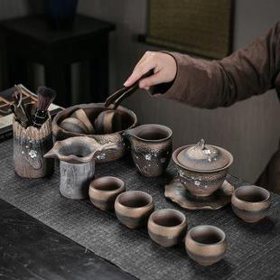 整套功夫茶具陶瓷复古家用办公室简约盖碗茶壶杯 鎏金粗陶茶具套装