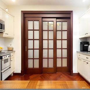 实木推拉门厨房门隔断门新的中国风定制卧室门三联画门彩绘门玻璃