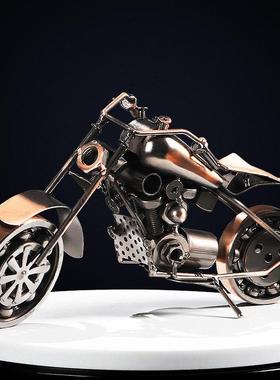 创意摩托车模型摆件哈雷复古怀旧铁艺手工工艺品电视柜装饰品送礼