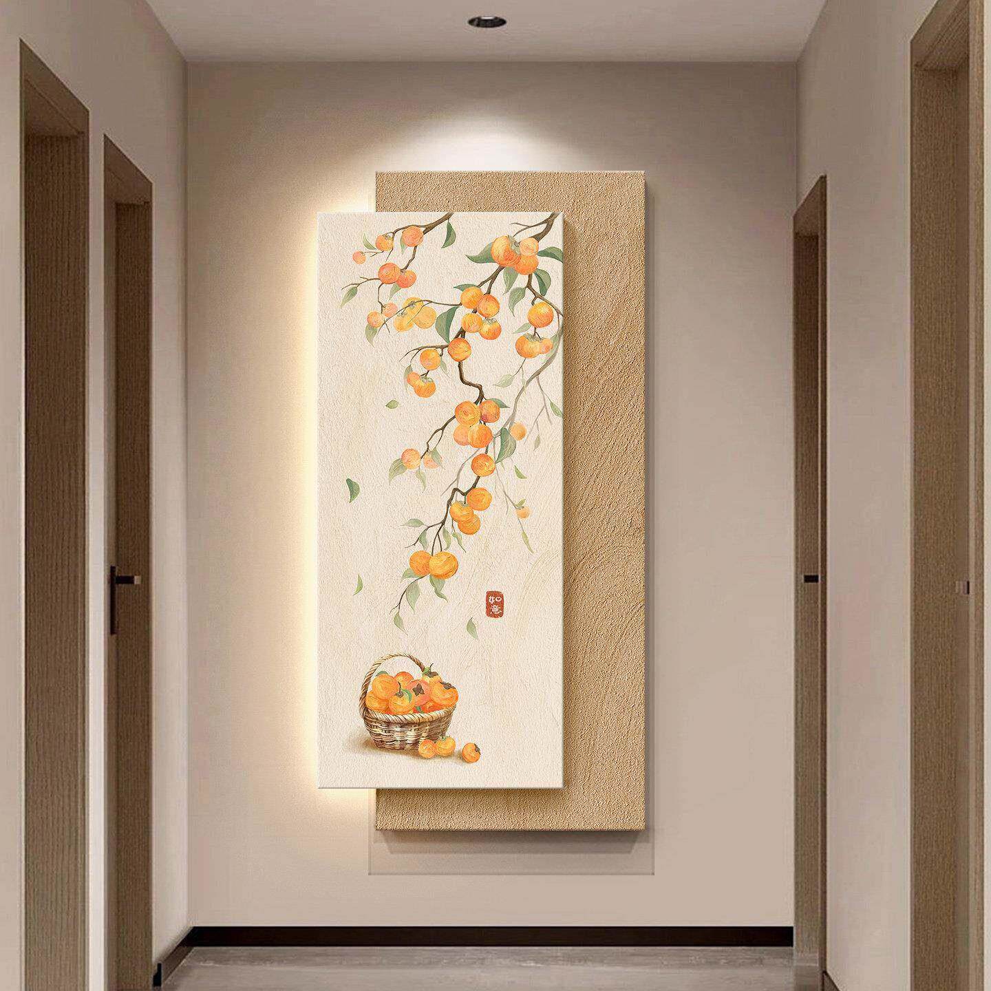柿柿如意玄关画装饰画原木风过道墙上壁画带灯柿子入户正对门挂画