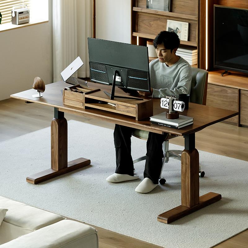 北美黑胡桃木电动升降桌双电机电脑桌家用全实木办公桌书桌学习桌