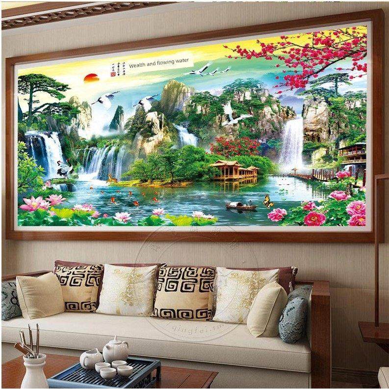 十字绣成品纯手工流水生财聚宝盆新款客厅山水风景招财挂画带框,居家布艺,十字绣成品,淘宝优惠券,粉丝福利购,淘宝优惠卷