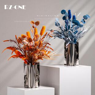 现代轻奢高级感不锈钢花瓶样板间高端彷真花艺客厅插花装饰品摆件