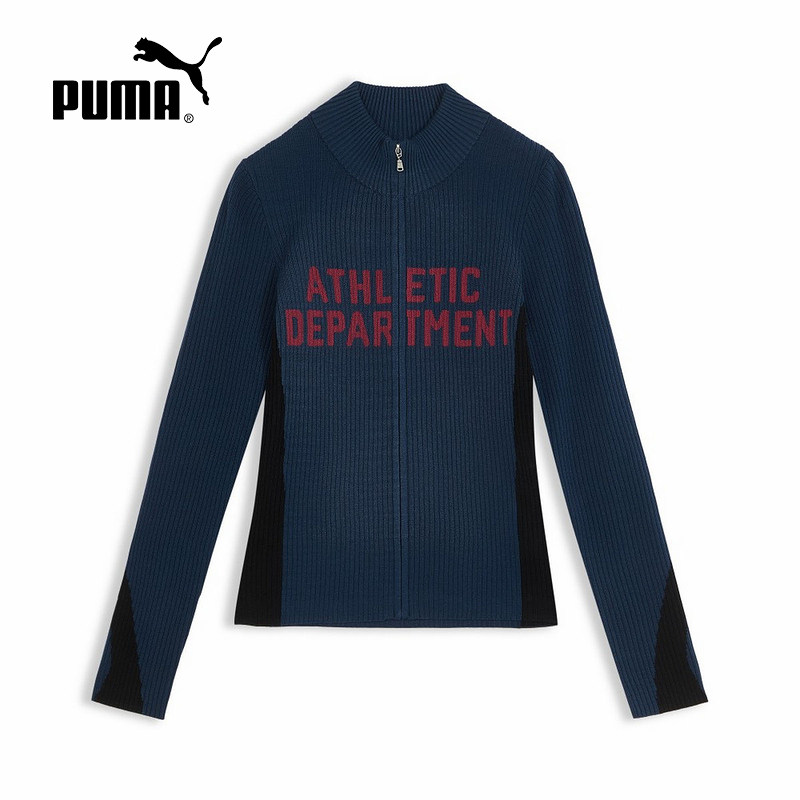 PUMA彪马修身复古深蓝色长袖运动外套女款秋季针织夹克 639716-14