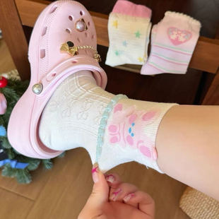 可爱少女风袜子女中筒袜夏季 兔子透气吸汗花边粉色卡通ins 薄款