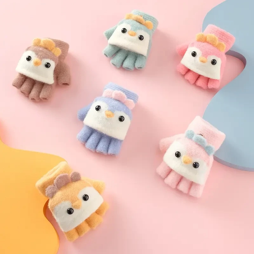 秋冬季小童企鹅儿童保暖手套冬季卡通可爱多巴胺五指宝宝翻盖手T