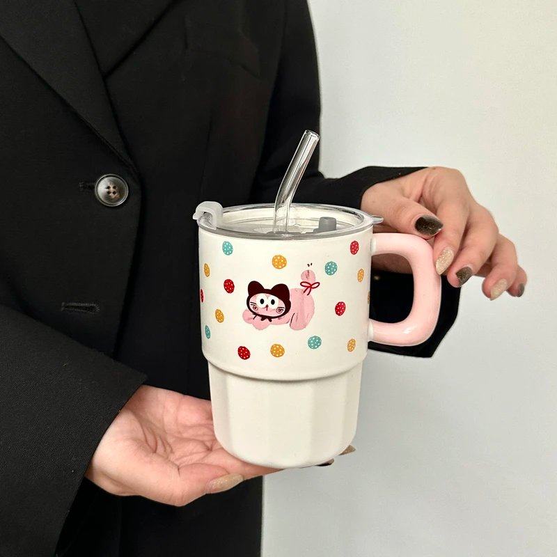 高颜值陶瓷水杯带盖马克杯卡通情侣吸管杯早餐咖啡牛奶杯礼物M