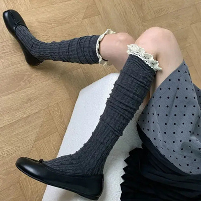 春秋麻花竖条纹堆堆袜子蕾丝花边小腿袜显瘦灰色过膝