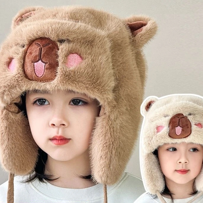 儿童帽子男孩冬季加厚保暖毛绒帽女童可爱卡皮巴拉户外防风护耳Q