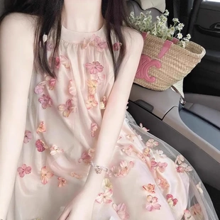 法式 甜美小个子海边度假氛围感裙子 浪漫无袖 挂脖连衣裙女夏季