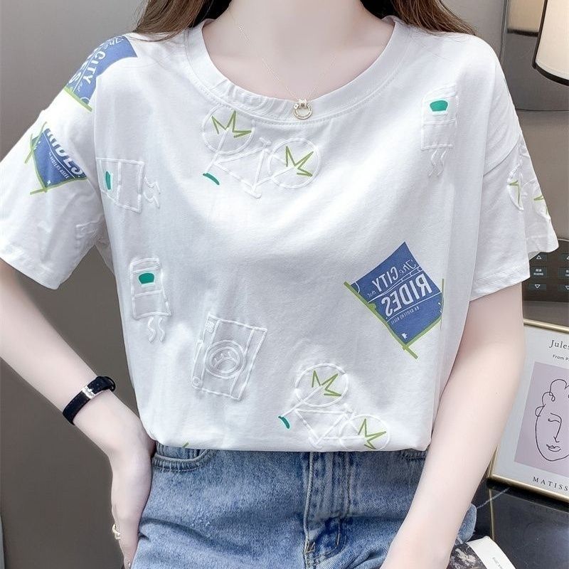 白色t恤女短袖2025年夏季新款韩版宽松圆领半袖印花上衣ins潮