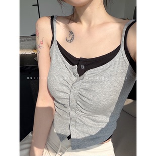 MMUIICHAN 扭扭叠叠 带胸垫可叠穿首尾纽扣可开褶皱百搭美背背心