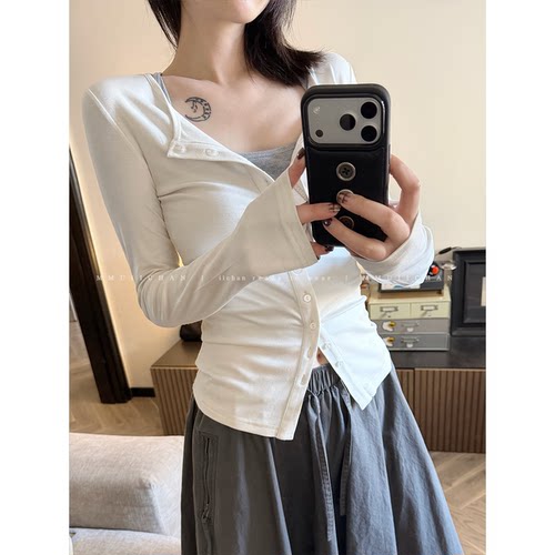 MMUIICHAN 蛋白开衫 软糯不易皱可开扣一排纽扣小衫开衫搭背心美