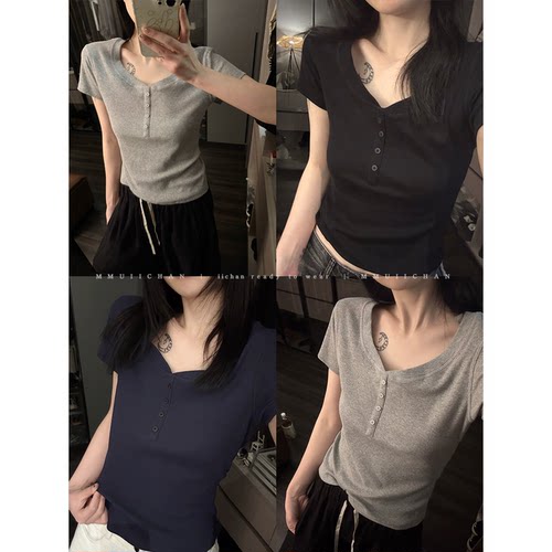 MMUIICHAN 略v略圆领的纽扣T恤 纯色短袖套头夏季百搭修身短袖