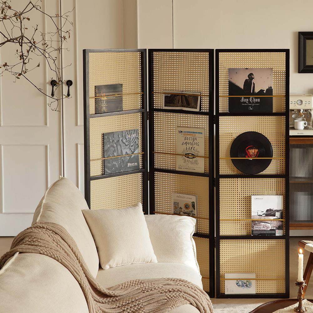 法式黑色软隔断屏风藤编折叠移动中古客厅卧室遮挡办公室置物书架