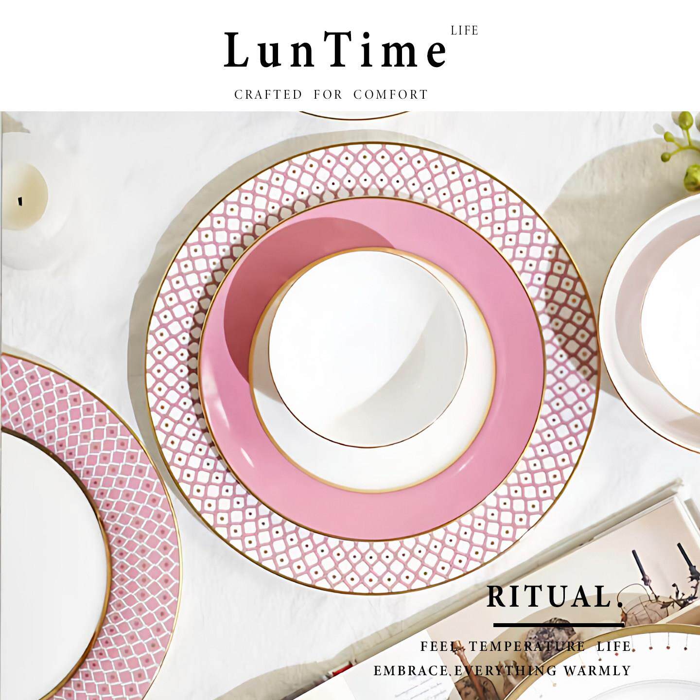LunTime生活 家用骨瓷套装盘子复古高级轻奢餐具套装西餐盘精致碗