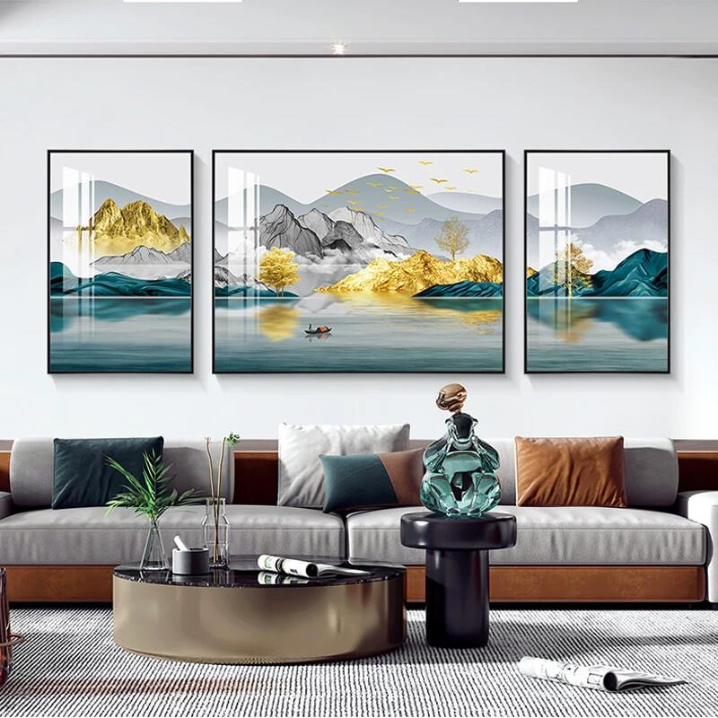 大气山水装饰画客厅背景墙挂画新中式风景沙发背景画壁画三联画
