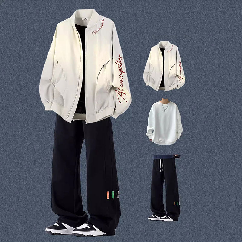 棒球服男春秋季潮牌痞帅气青少年宽松休闲运动穿搭夹克套装三件套