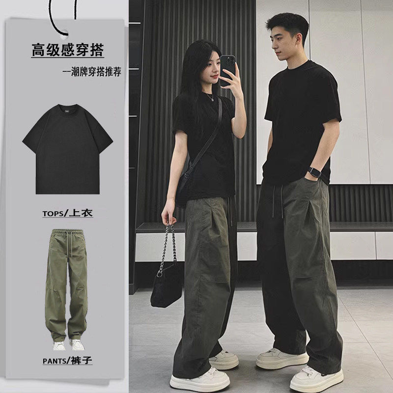 运动休闲套装男夏季美式潮牌痞帅宽松褶皱弯刀工装裤搭配T恤一套