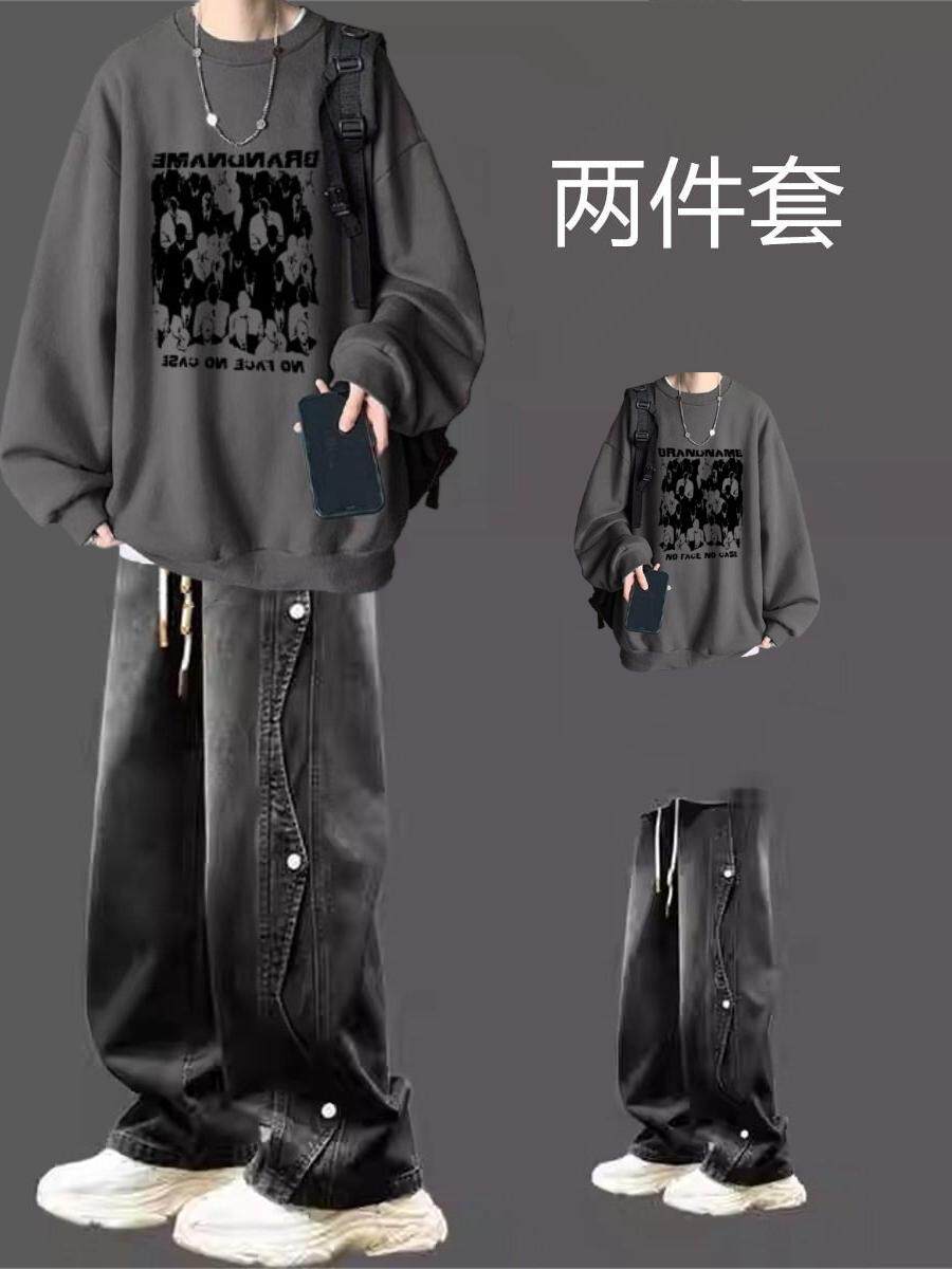 休闲运动套装男款春秋季高级感痞帅青少年印花卫衣男装搭配一整套