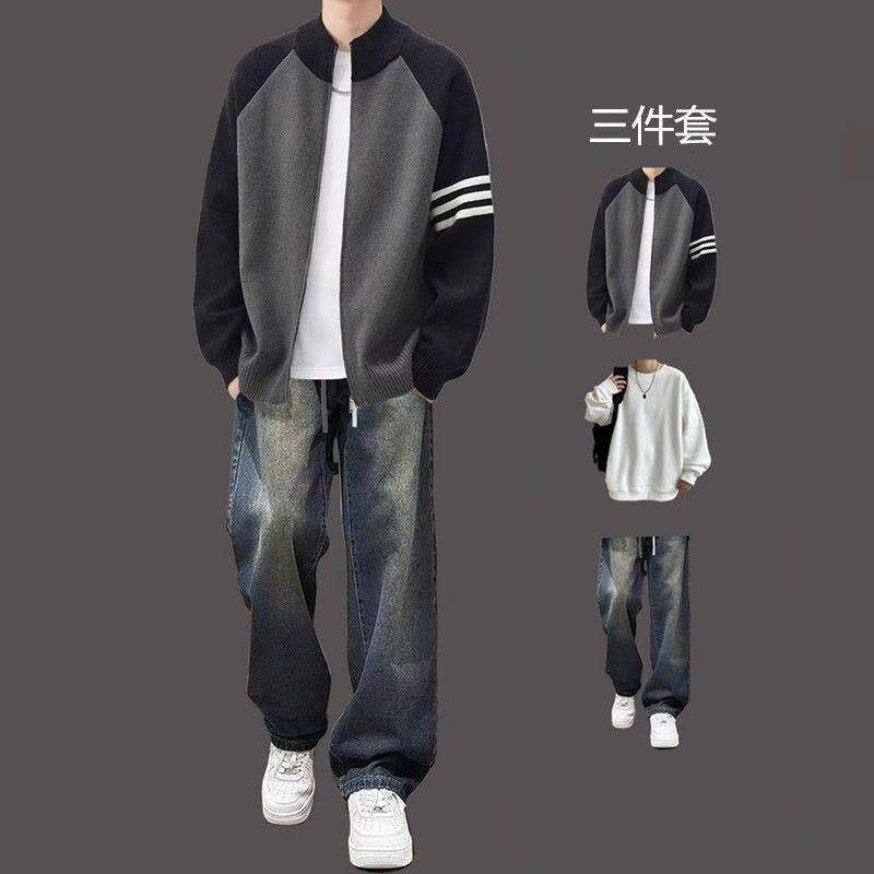 休闲套装男春秋季潮牌痞帅撞色针织开衫毛衣搭配牛仔裤三件套穿搭