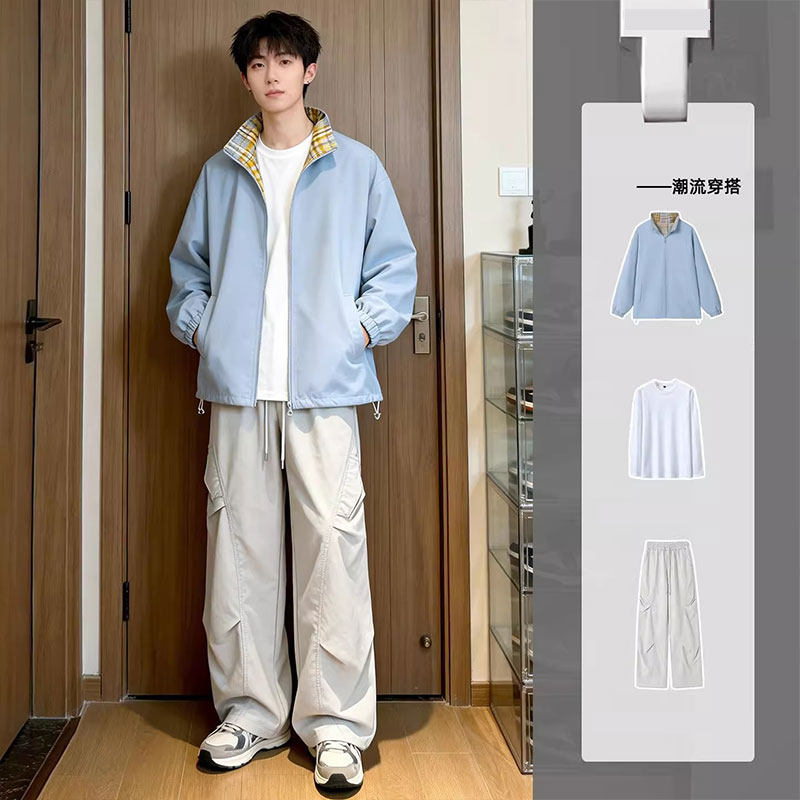 格子拼接夹克男春秋季潮牌翻领棒球服外套青少年休闲套装穿搭一套