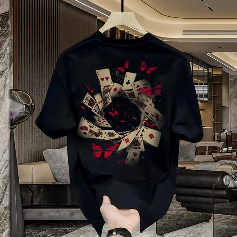 高端短袖T恤男士夏季潮牌痞帅时尚百搭扑克印花圆领休闲半袖上衣