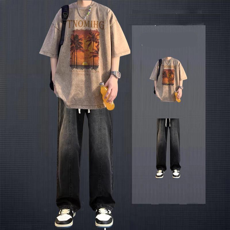 美式重磅休闲套装男夏季潮牌水洗宽松做旧复古短袖t恤牛仔裤一套