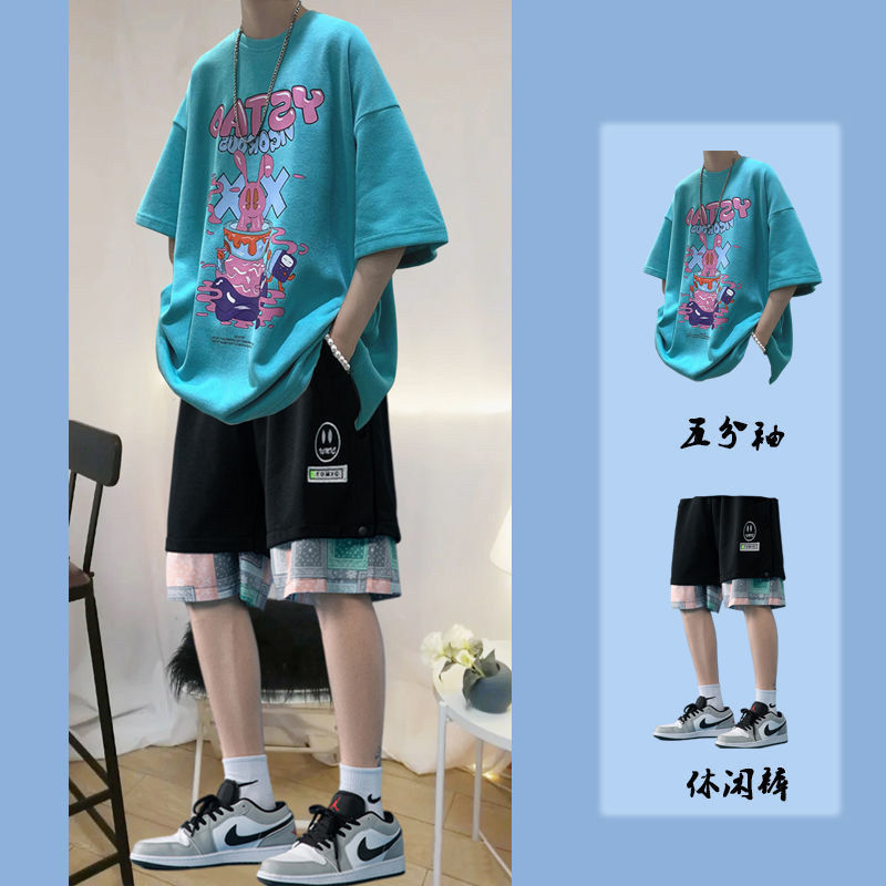休闲套装男夏季潮牌痞帅青少年宽松短袖T恤短裤男装一套运穿搭