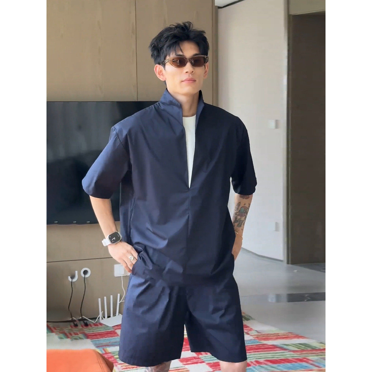 藏青色老钱风假两件衬衫短袖短裤套装男士夏季潮牌痞帅亚麻松弛感