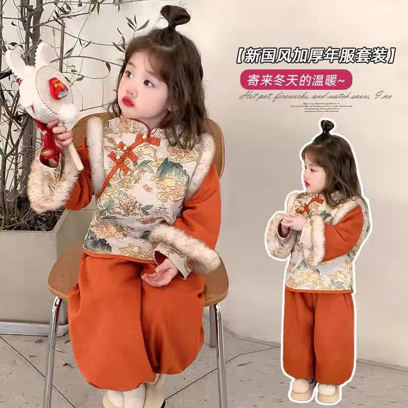拜年服女童冬季国风儿童冬装汉服新中式喜庆加绒唐装宝宝过年衣服