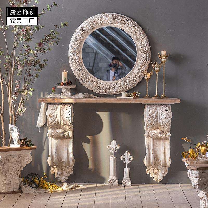 别墅入户罗马柱装饰玄关桌花店小酒馆靠墙桌子美式复古做旧吧台桌