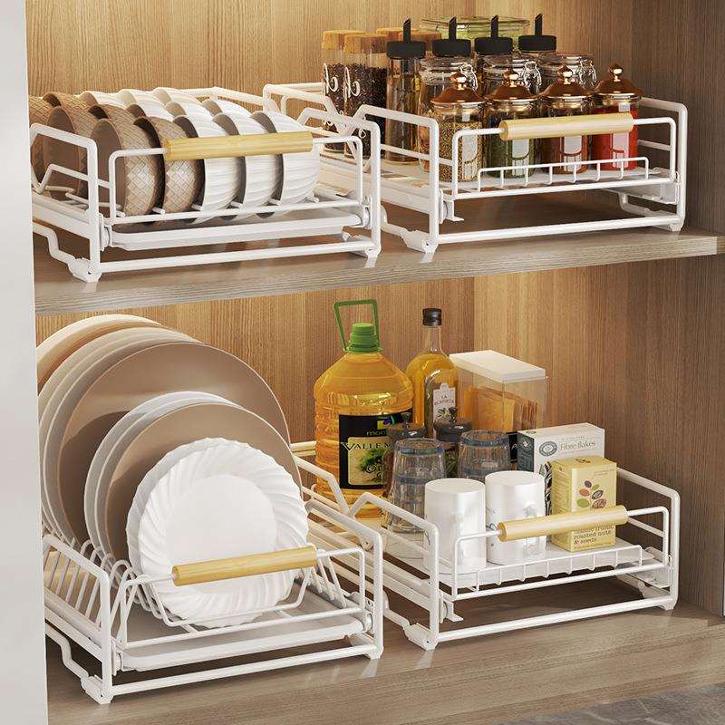 厨房碗碟抽拉收纳架碗盘调料瓶罐橱柜可抽拉抽屉式储物架置物架子