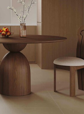 轻奢复古桌实木餐家用小户型极简圆餐桌中古胡餐桃木风圆桌椅AA54