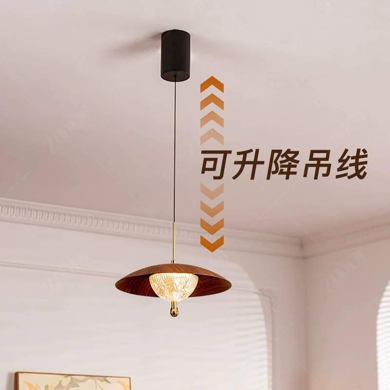 中古风餐厅吊灯胡桃木色创意个性民宿餐桌吧台灯饭厅升降款吊线灯