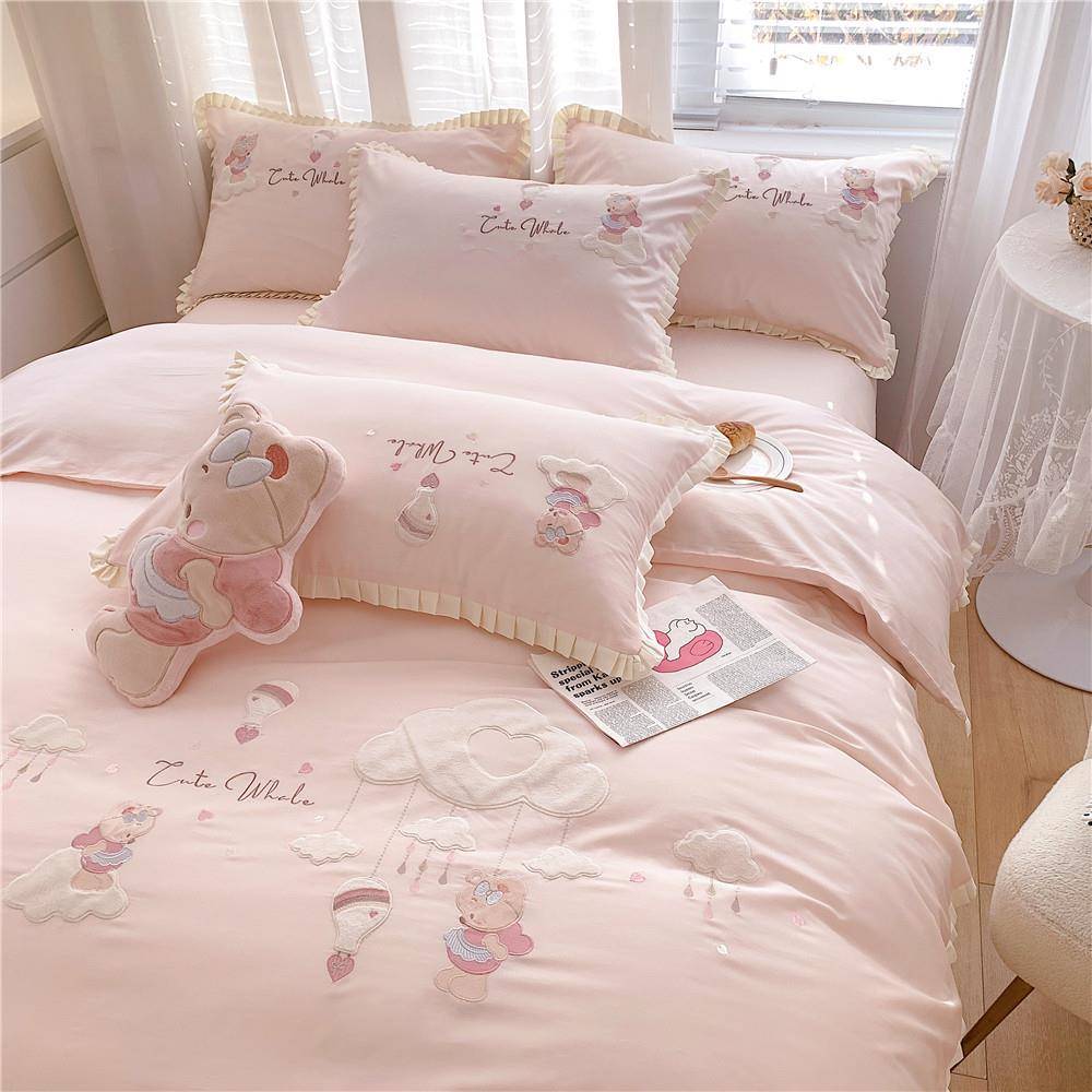 A类主床XR风匹棉四件套春夏小清公新卡通马刺绣粉色被套品